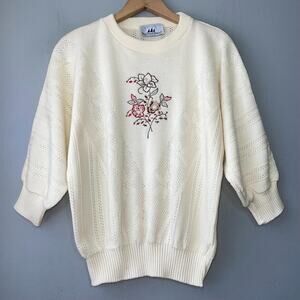 Vintage Size Large Cream Embroidered Pointelle Knit Sweater Dainty Cottagecore